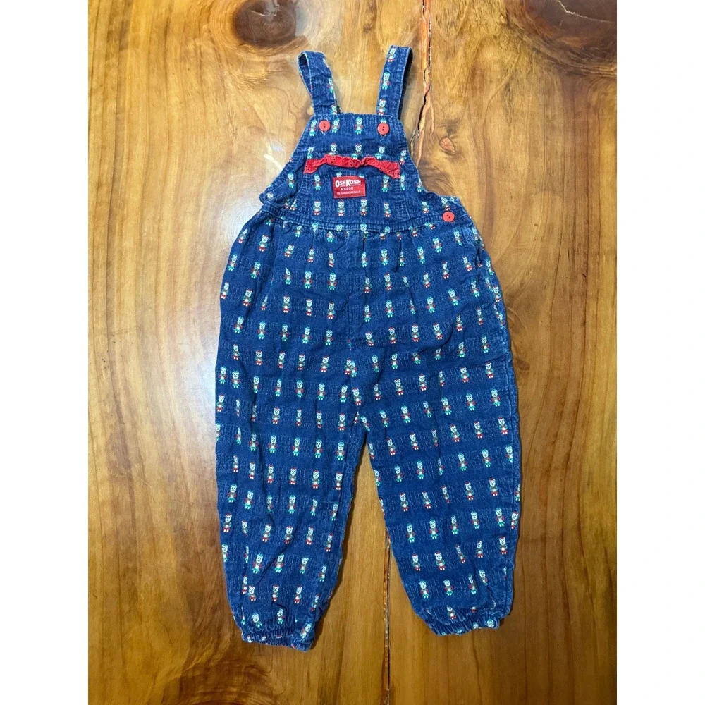 Vintage Oshkosh Overalls 5T Christas Teddy Bear USA Cotton Pants W4-9